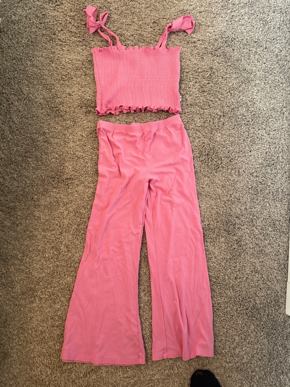 Girls' Pink Ribbed Two-Piece Matching Set - Tank & Wide-Leg Pants